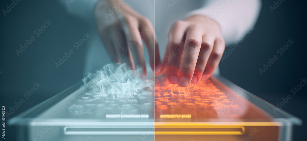 Poster Fingers interact with a translucent surface displaying experimental adaptive materials, showcasing the transformation of smart alloys and liquid metal.