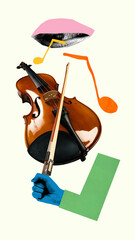 Modern art collage of classical violin, hand with bow, and stylized lips framed by motion-filled colorful notes. Concept of music promotion, violin lessons, music school branding, educational posters