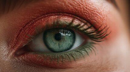 Obraz premium A close-up image of an eye featuring striking emerald and peach colors with vivid makeup