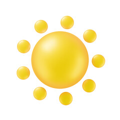 Vector sun summer object. Glossy yellow sun sphere ball icon with circle sunbeam in realistic 3d render soft style isolated on white for weather mobile UI app, web design button, sale banner or poster