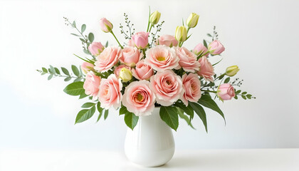 Naklejka premium Floral Arrangement with Pink Roses and Tulips in White Vase
