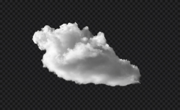 Realistic white vector cloud isolated on black transparent sky background. Soft, fluffy cloud texture with natural appearance, fog wave cloudy perfect for weather element, mockup or foggy background.