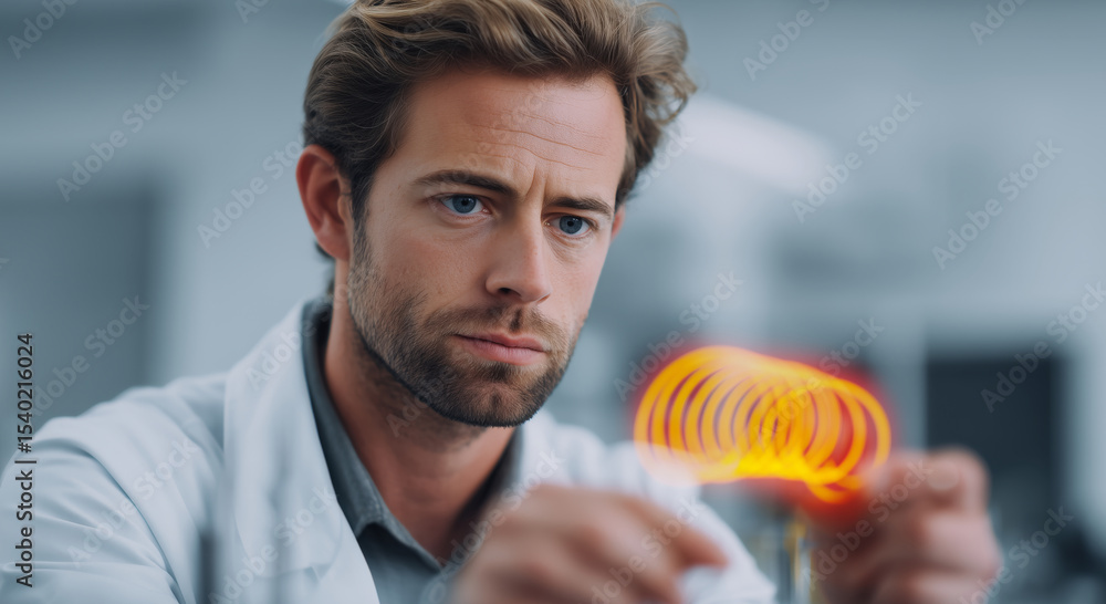 Aufkleber A man in a laboratory studies a sample of shape memory alloys, focusing on liquid metal transformation. He is exploring the adaptive properties used in various high-tech applications.