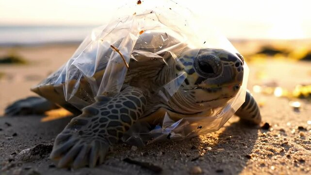 turtle stuck in plastic. A young sea turtle struggles to free itself from a plastic bag on a sandy beach at sunset, highlighting the impact of pollution on wildlife