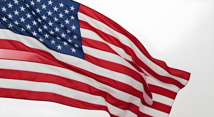 Fototapeta premium U.S. flag waving gracefully on white background, highlighting vibrant colors and flowing fabric.