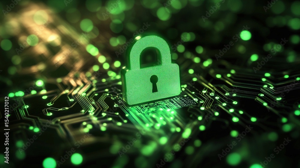 Aufkleber a glowing green digital padlock symbolizing cybersecurity on a circuit board with bokeh lights in th