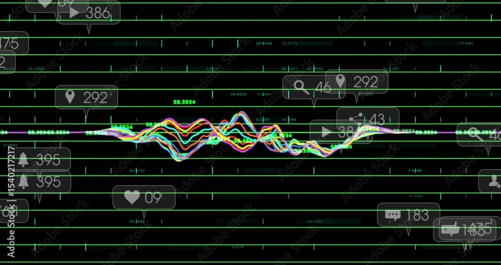 Poster upon neon waveform appearing, neon waves oscillating with engagement icons popping visualizing data