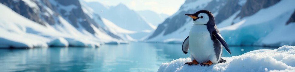 Fototapeta premium Smiling penguin in snowy mountains, icy water, Christmas , winter wonderland, background, ice