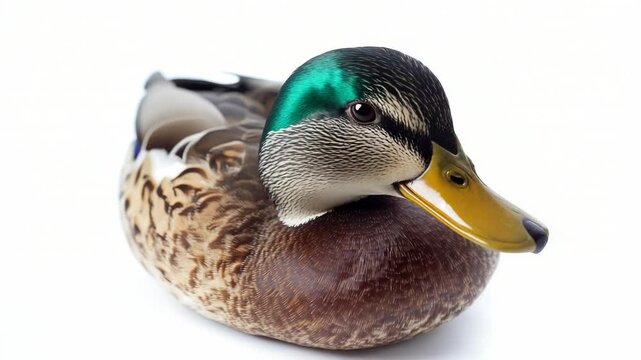 A close-up shot of a duck's face on a white surface.