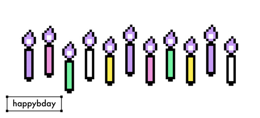 Colorful pixelated birthday candle icon set with lit flame. Retro 8 bit game festive design elements for cake decorating, cool digital style party invitation, celebration and greeting card, pattern