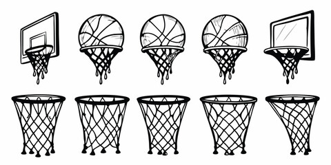 Black and White Basketball Hoop and Net Illustrations: Sports Equipment and Game Icons © Pixel Art