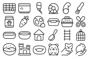 Cute Rodent and Small Pet Supplies Line Icons Set. Rodent, pet, small animal, hamster, guinea pig, rabbit, mouse, gerbil, cage, enclosure, aquarium, water bottle, food bowl, exercise wheel, tunnel, br