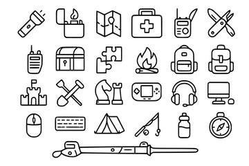Multipurpose Survival and Outdoor Adventure Line Icons Set. Survival, outdoor, adventure, camping, hiking, exploration, flashlight, lighter, map, navigation, first aid kit, medical, walkie-talkie, rad