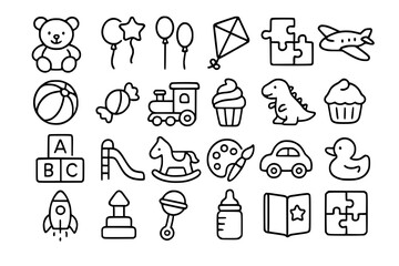 Playroom and Children's Toys Line Icons Set. Playroom, children, kids, toys, play, childhood, fun, entertainment, teddy bear, balloons, star, kite, puzzle, airplane, ball, candy, sweets, train, cupcak