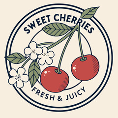 Sweet Cherries typography text print. Retro Cherry Print Design Vector with Slogan. Fashion graphic prints for cherries fruit, Fashion slogan print. womens cute t-shirt print, vintage poster desig