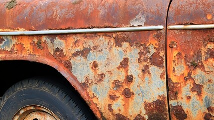 Old damaged car surface with visible rust, corrosion and peeling paint on metal body panels, close-up of vehicle decay representing aging, neglect, and automotive deterioration in urban environment