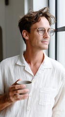 Portrait of relaxed male with stylish eyewear enjoying morning coffee by window, bright modern home background, slow living concept 