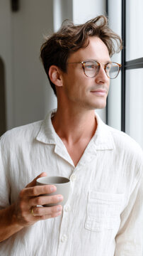 Portrait of relaxed male with stylish eyewear enjoying morning coffee by window, bright modern home background, slow living concept 