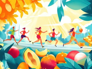 Vibrant illustration for World Health Day featuring healthy foods, fitness activities, and a bright sunny day