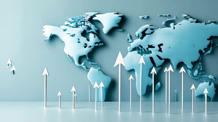 A video showcasing a light blue world map with multiple upward-pointing arrows, representing the ongoing global trend of business expansion and growth. - Powered by Adobe