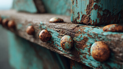 Close-up of turquoise and rusted metal bolts on weathered wooden surface