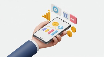 Hand Displaying Financial Data on Smartphone with 3D Charts and Coins on White Background