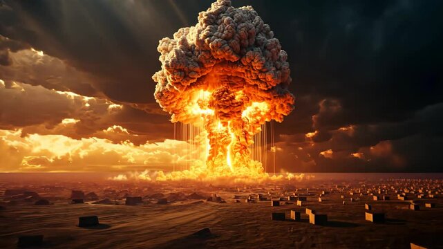 nuclear bomb explosion with massive fireball and mushroom cloud rising into the sky concept of war destruction power global threat defense