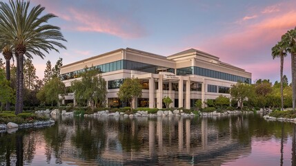 Fototapeta premium Reflective modern office building amidst serene pond and lush trees at dusk