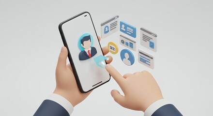 Hand Holds Smartphone with Stylized Icon and Interface Elements Isolated on White Background