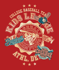 College league athletic department baseball kids team vintage vector print for children kid baby sport wear for shirt sweatshirt with embroidery patches