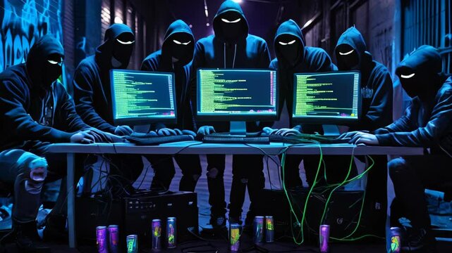 A shadowy group of hooded, anonymous hackers involved in cybercrime, executing cyberattacks and breaching systems. Their concealed identities and malicious intent are depicted through visuals of strea