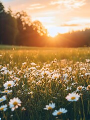 Fototapeta premium Field of white wildflowers glowing in golden sunset light