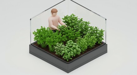 Fototapeta premium Isometric 3D Render of Compact Greenhouse with Figure Tending Lush Green Plants Eye Level View Ideal for Urban Gardening and Sustainable Living Themes
