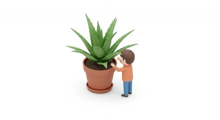 Fototapeta premium Isometric 3D Render of Figure with Potted Aloe Vera Plant on White Background