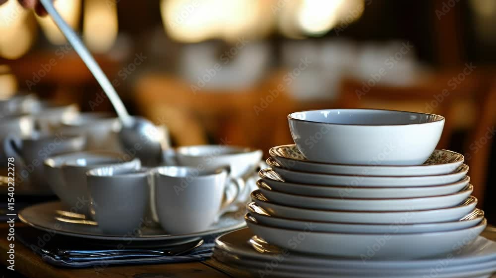 Poster a table setting with plates and cups ready for a meal or party.