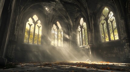 Sunlight shining through the ruins of an abandoned gothic cathedral