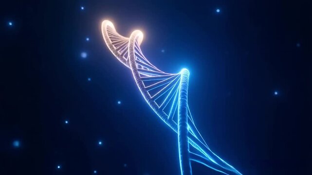macro shot of a glowing DNA double helix floating in cellular space