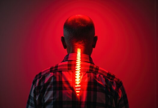 Man with illuminated spine tattoo glowing in red light from behind