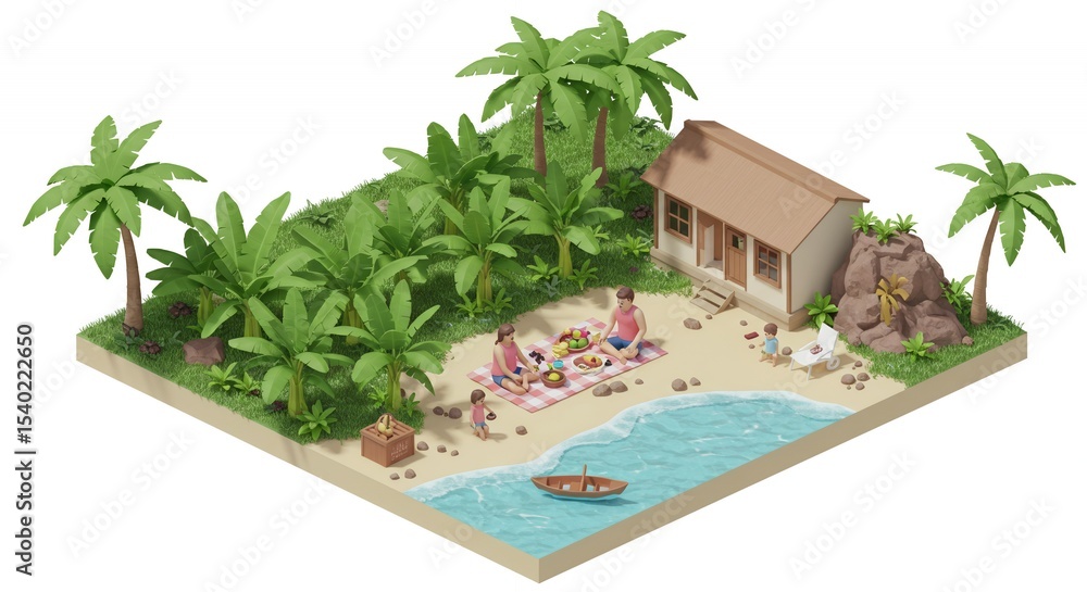 Poster isometric beach scene with family picnic palm trees and pixelated style 3d render