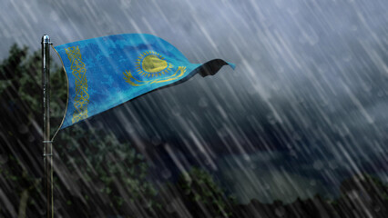 flag of Kazakhstan with rain and dark clouds, squall wind forecast symbol - nature 3D illustration