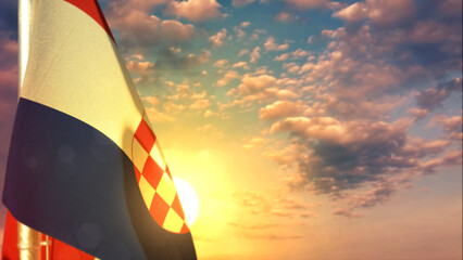 Croatia flag is hanging on sundown sky for memorial day - bokeh - object 3D rendering