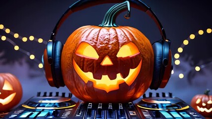 Halloween pumpkin wearing headphones sits on a DJ table against a dark backdrop, symbolizing festive music and spooky celebration. Perfect for Halloween party and decoration themes with space for te - Powered by Adobe