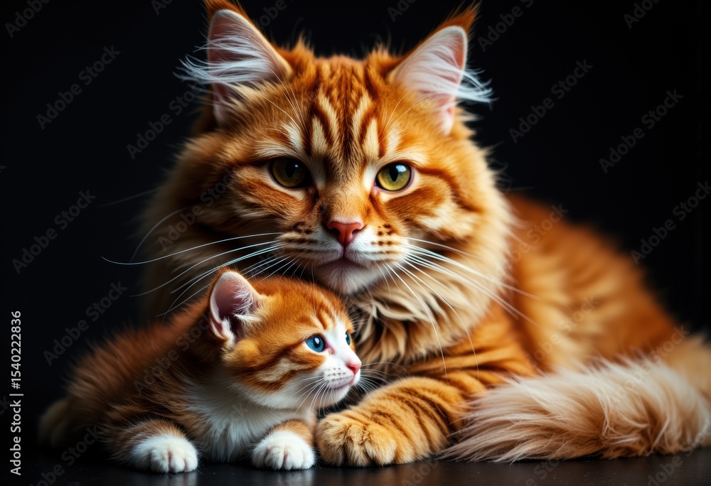 Poster close-up of a large orange tabby cat with a smaller kitten resting beside it against a dark backgrou
