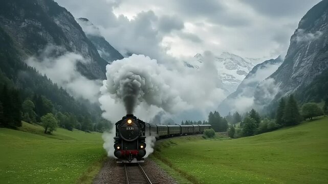 Vintage steam train traveling through a lush green valley with mountains in the background