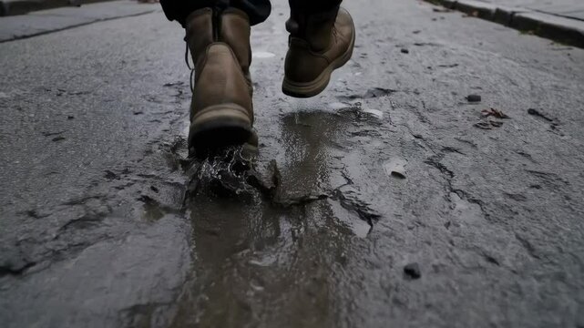 a ground level shot of a boot walking into a puddle of water in a street, water splashes showing downward force of the boot