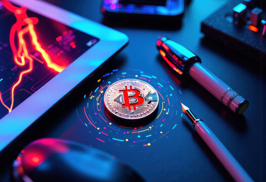 Digital cryptocurrency concept with bitcoin coin, tablet, and electronic devices on dark background - Powered by Adobe