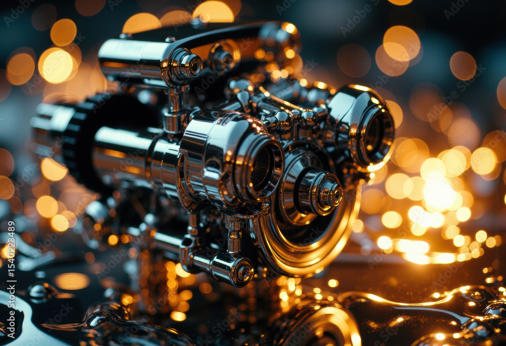 Poster close-up of a shiny metallic engine with warm bokeh lights in the background