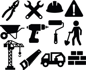 Construction Tools and Equipment Silhouette Icons Vector Set.