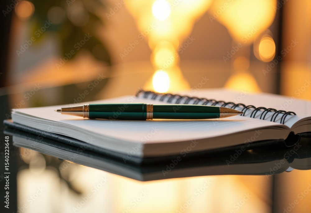 Poster close-up of a pen and notebook on a reflective surface with warm bokeh background