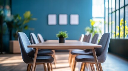 Obraz premium Modern corporate office interior with blurred meeting room, desks, and large windows in soft natural light, ideal for business background, workplace concepts, and professional environment themes